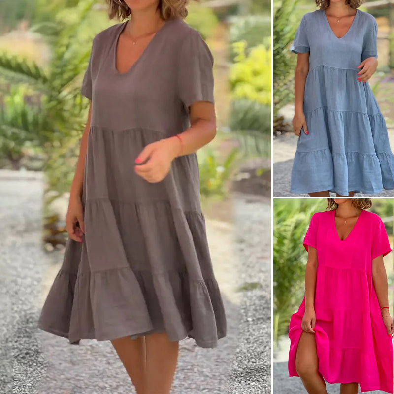 Baumwollleinen V-Ausschnitt Einfarbiges Kleid