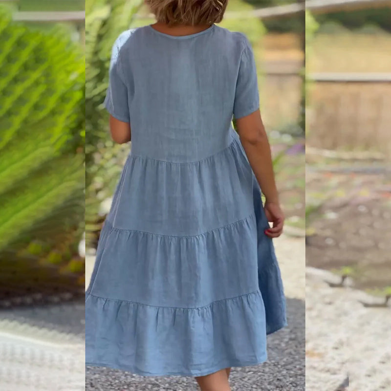 Baumwollleinen V-Ausschnitt Einfarbiges Kleid